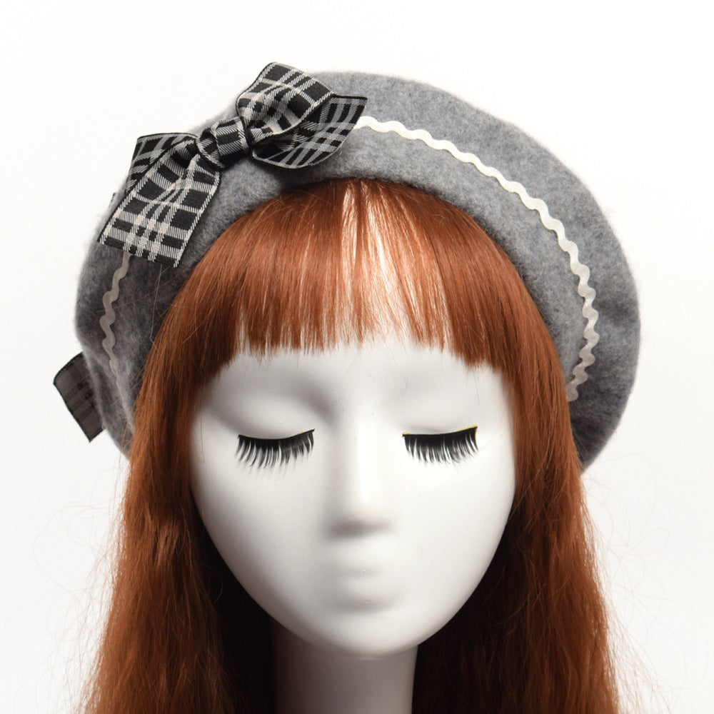 Fashion Japanese JK Lolita Wavy Bow Furball Beret