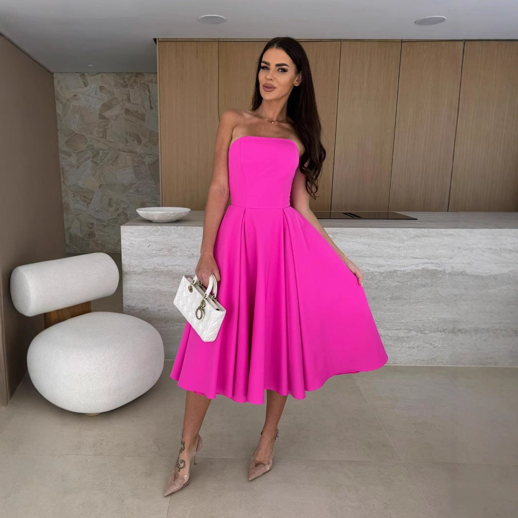 Womens Fashion Solid-Color Casual Low-Cut Dress
