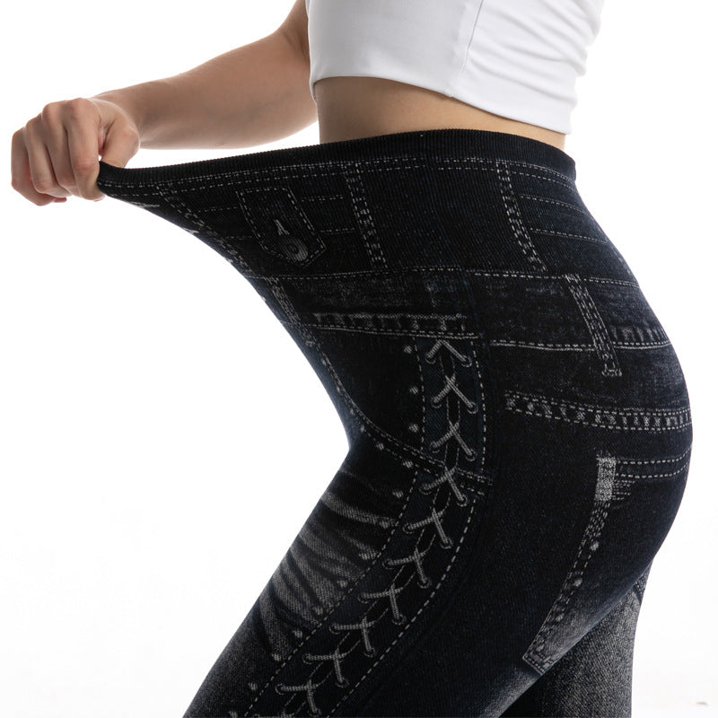 Womens Fashionable Printed Cotton Denim-Look Leggings