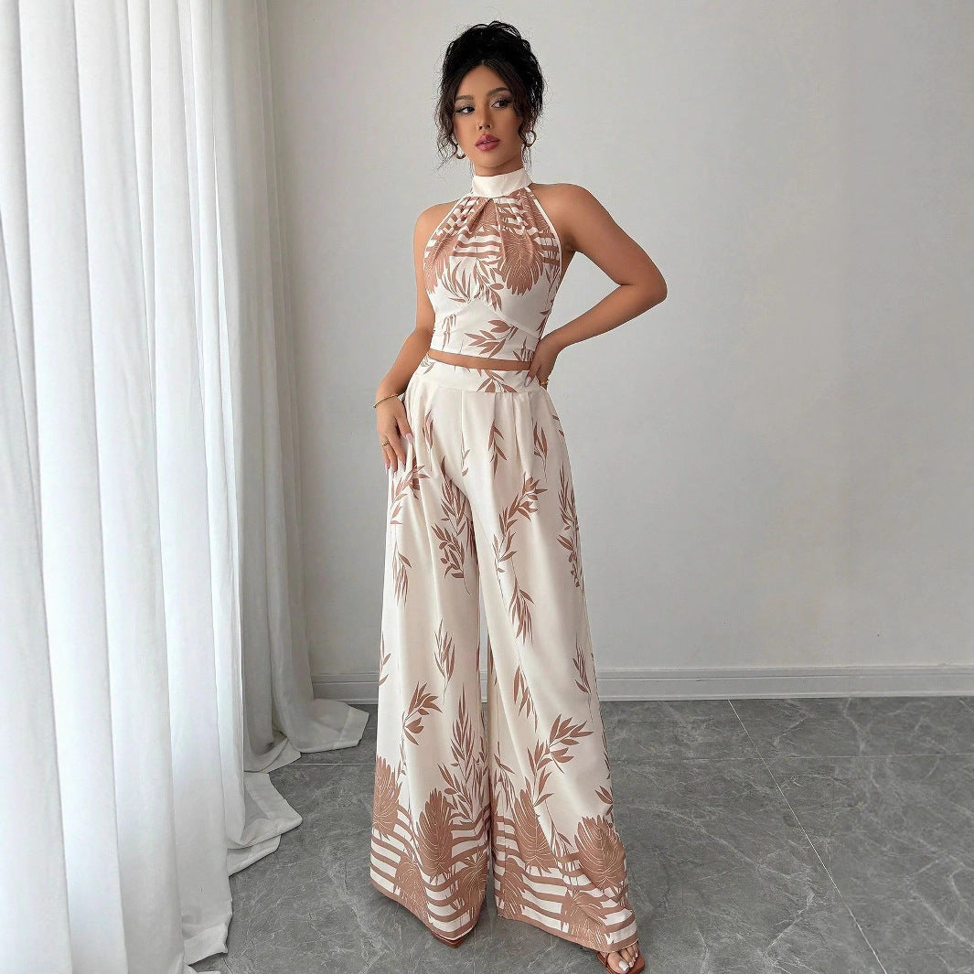 Neck-hanging Vest And Wide-leg Trousers Printed Set