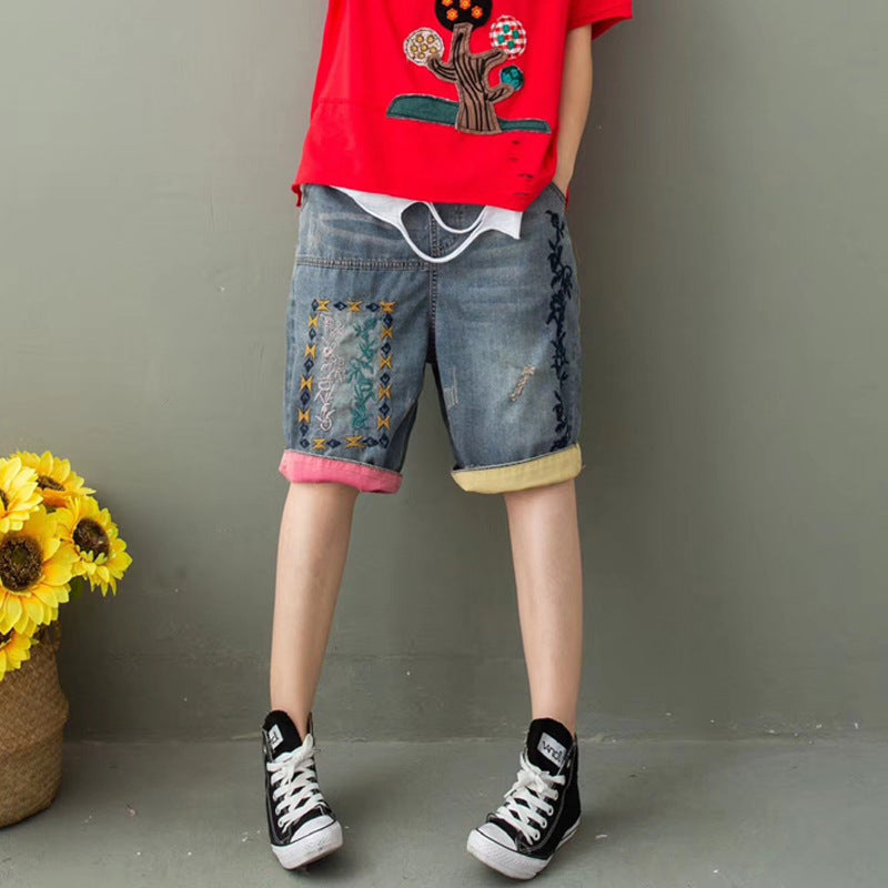 Women's Summer Ethnic Style Embroidered Denim Five-point Pants
