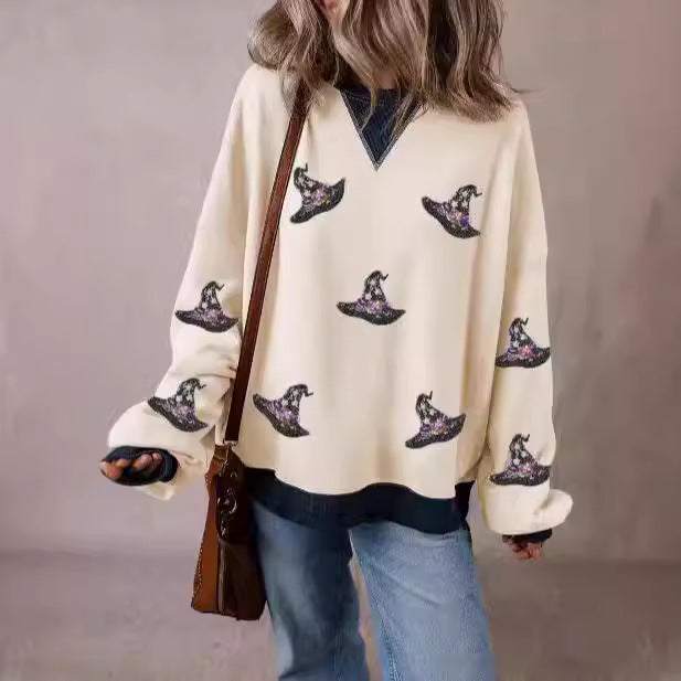 Hat Printed Sports Long Sleeve Pullover Loose Round Neck Sweater