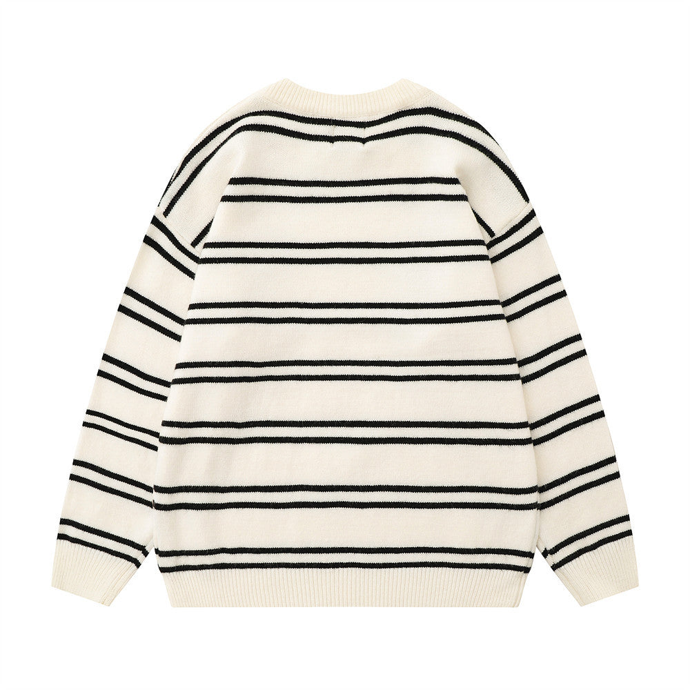Striped Round Neck Knitted Sweater Men's Loose