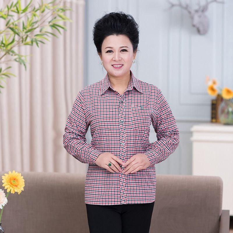 Middle-aged And Elderly Women's Loose Long-sleeved Slim-fit Plaid Shirt