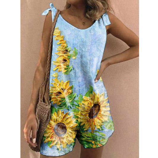 New Printed Cotton And Linen Slub Loose Style Jumpsuit