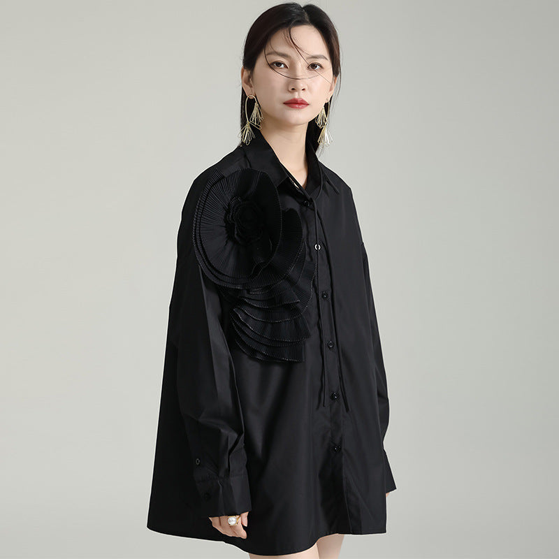 Design Sense Niche Pleated Three-dimensional Flower Long Sleeve Shirt Skirt