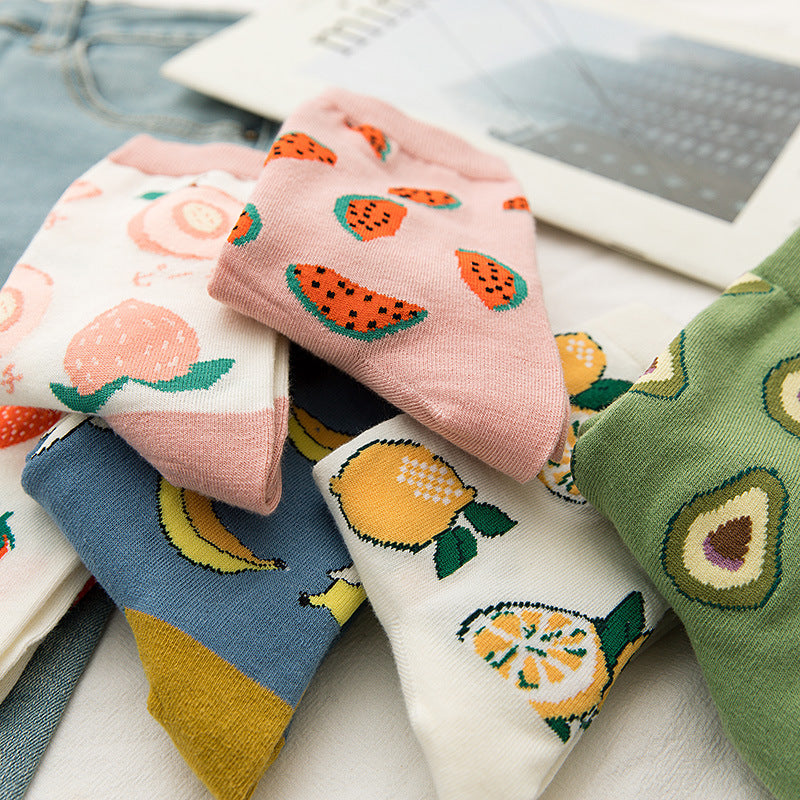 Japanese Ins Trendy Sweet Cute Fruit Mid-calf Socks Strawberry Peach Avocado College Style Socks