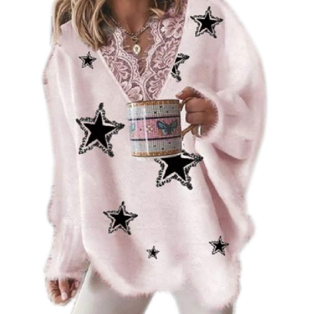 Women's Fashion V-neck Lace Pentagram Printed Knitted Jacket