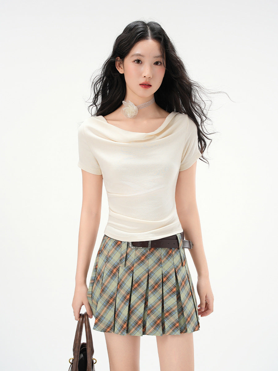 French One-shoulder Draped Neckline Short Sleeve Top