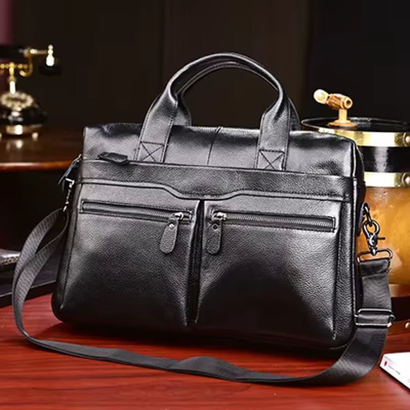 Genuine Leather Black Messenger Bag for Men - Large 14" Laptop Briefcase and Travel Shoulder Bag