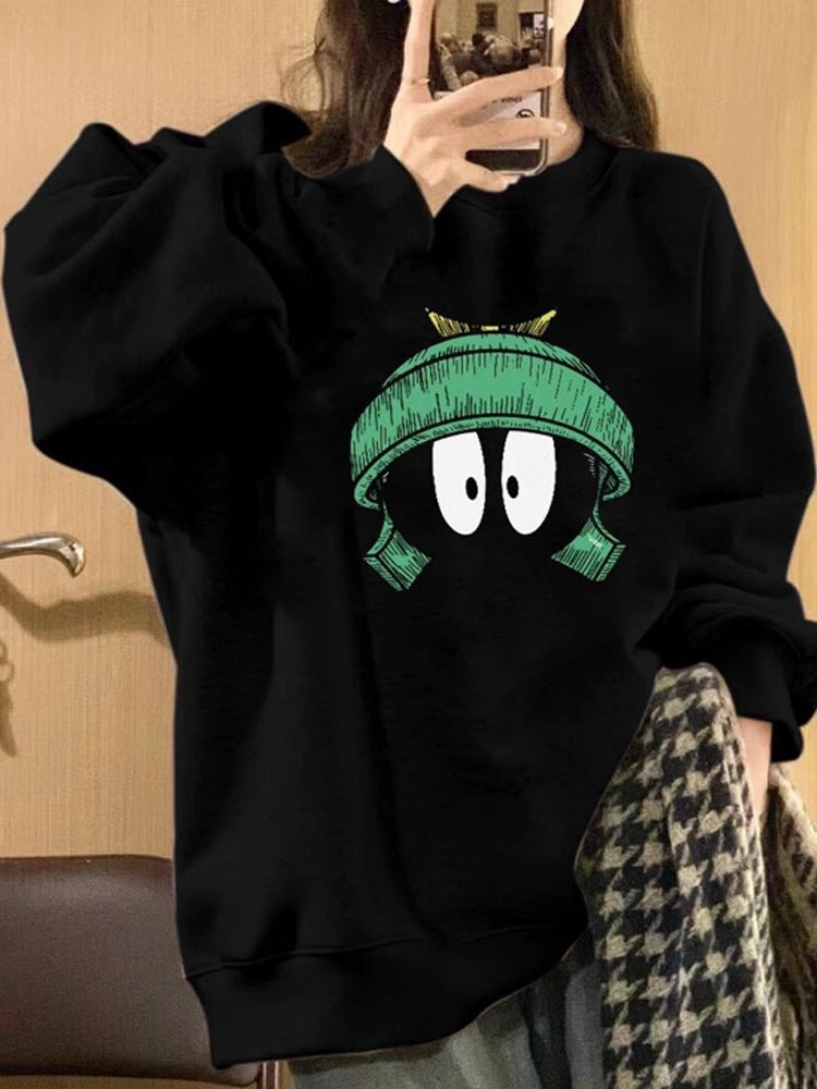 Autumn And Winter New Round Neck Loose Casual Fleece-lined Hoodless Sweater Women