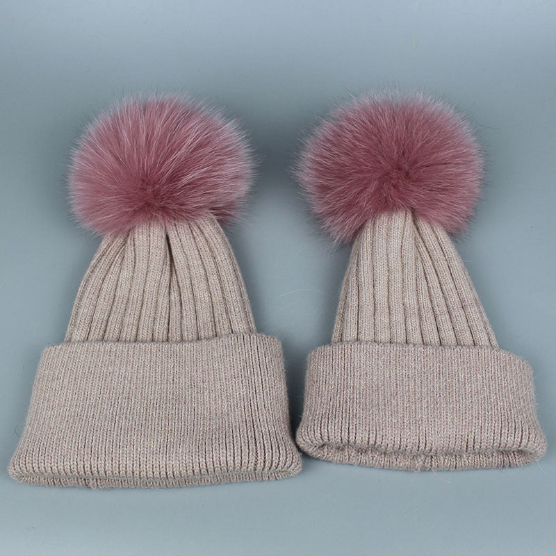 Fox Fur Warm Winter Hat With Ball For Women Child Girl Wool Thick Knitted