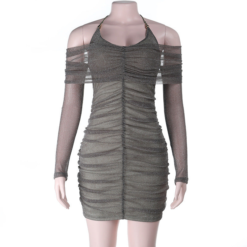 Sexy Strapless Halterneck Mesh-spliced Sequin Bodycon Dress