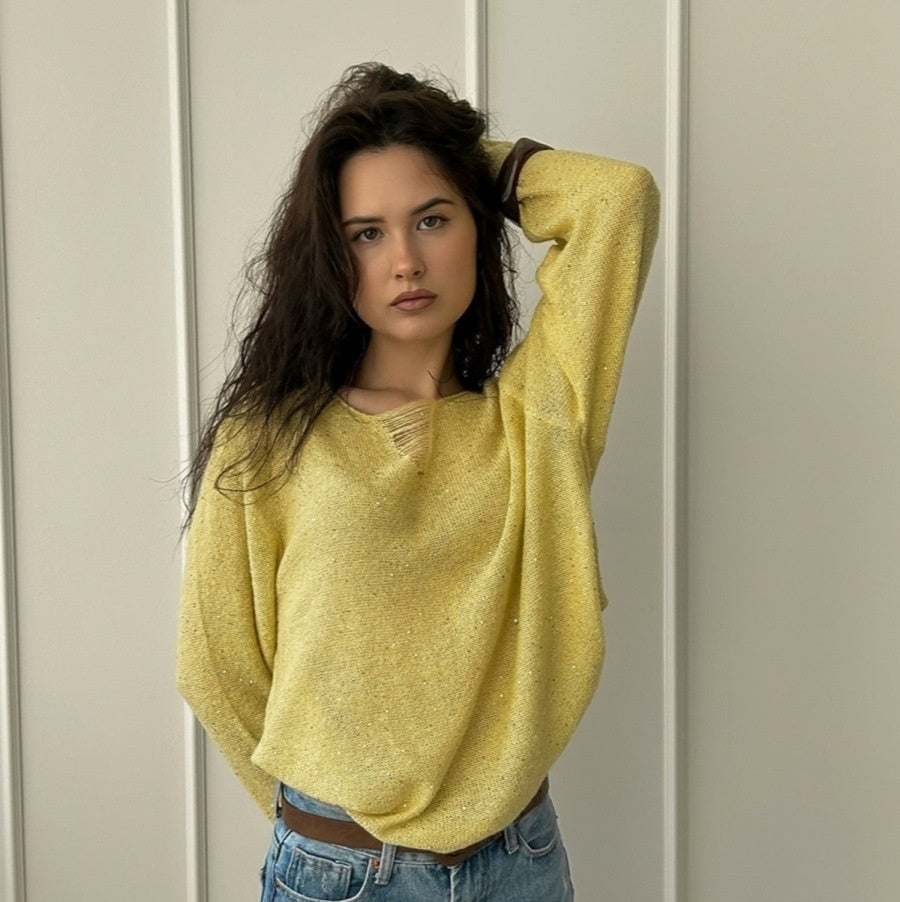 V-neck Long Sleeve Thin Loose Top Elegant Atmosphere Blouse