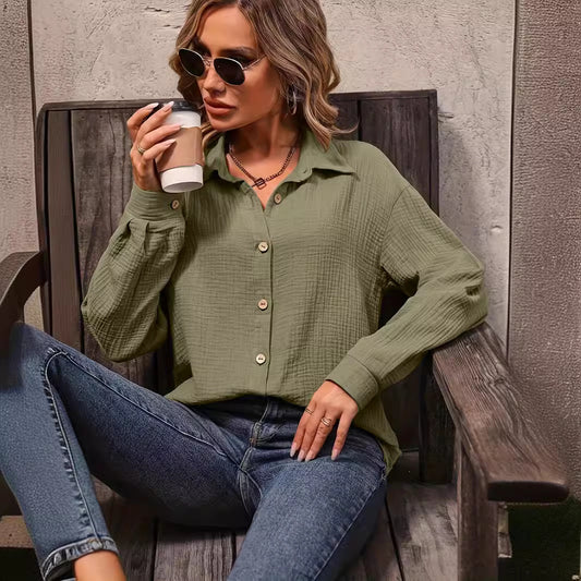 Women's Solid Color Front Button Drop Shoulder Shirt Women's