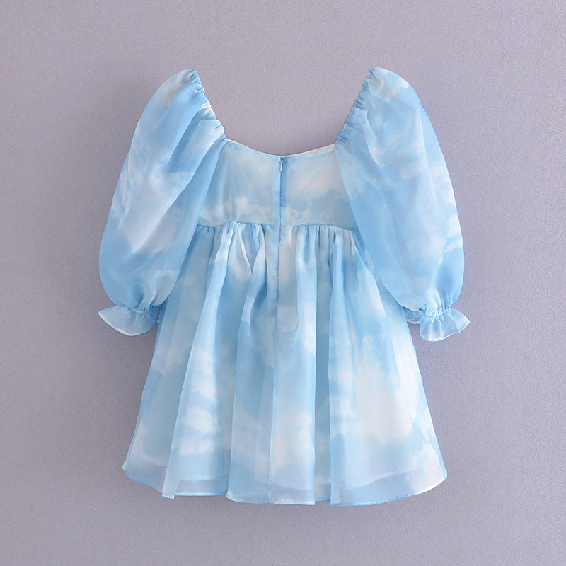 Fashion Smudged Blue Sky Cloud Puff Sleeve Dress Women
