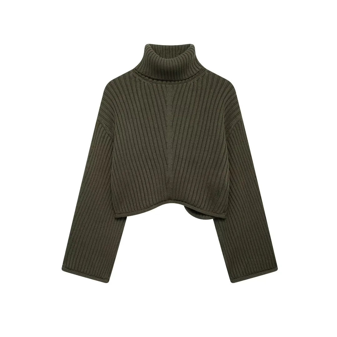 Retro Loose High Collar Rib Short Sweater