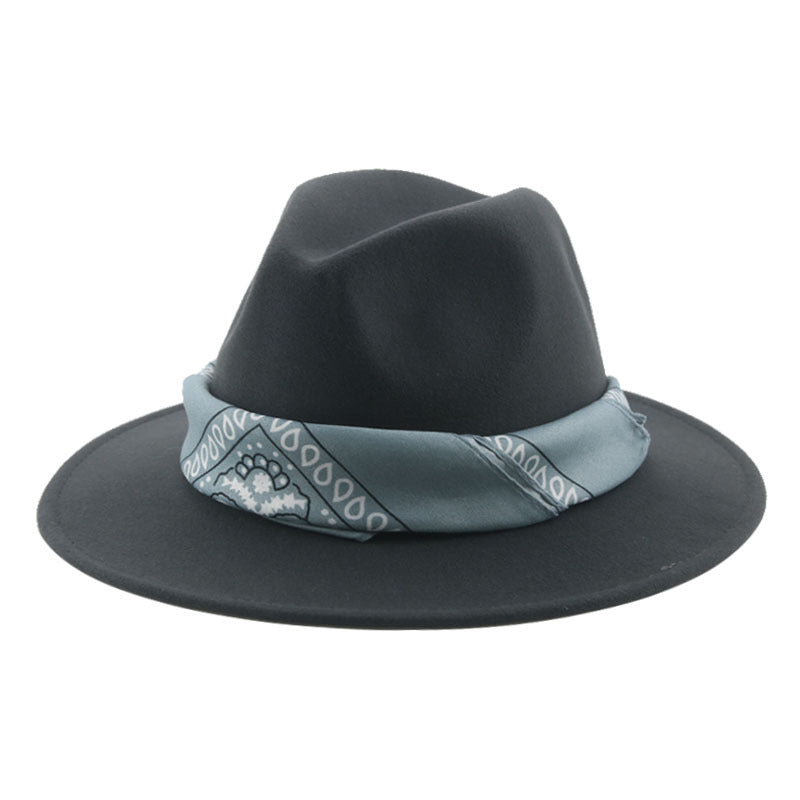 Paisley Ribbon Wide Brim Woolen Top Hat Felt Cowboy Hat