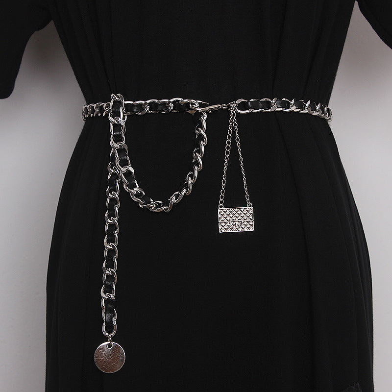 Metal Leather Braided Chain Mini Pendant Waist