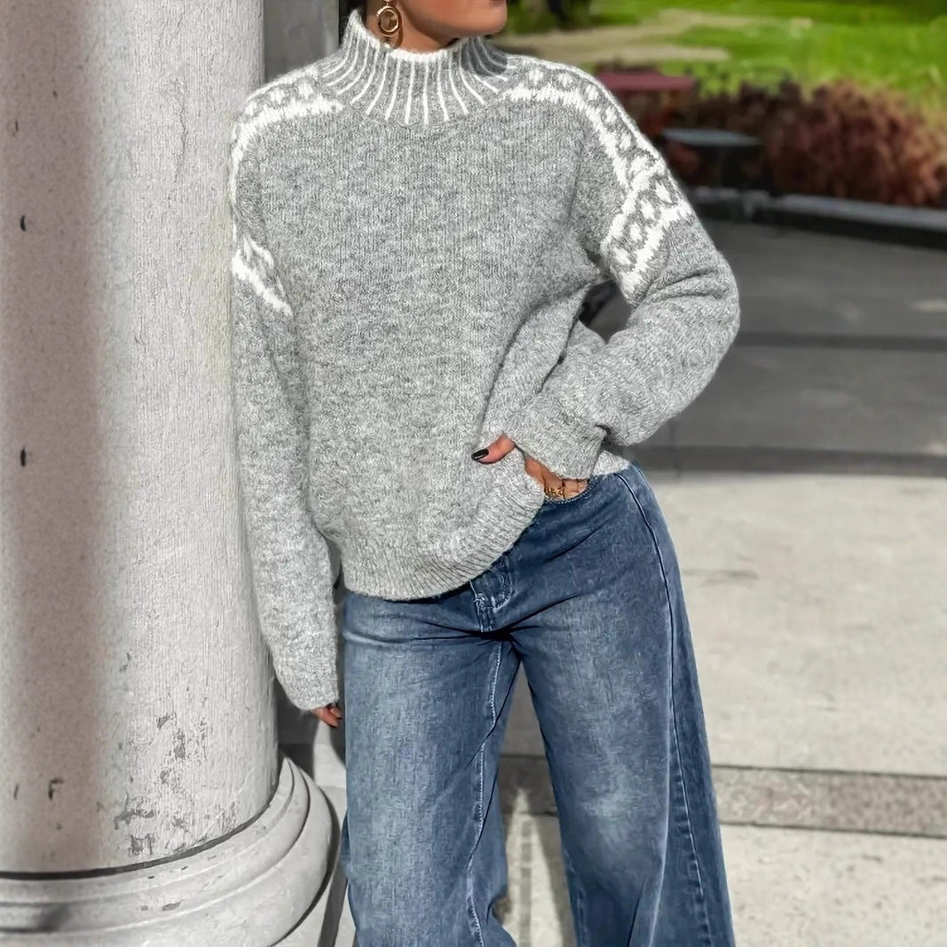 Women's Turtleneck Contrast Color Loose Pullover