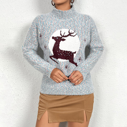 Dame afslappet julepullover med halv krave og jacquardmønster