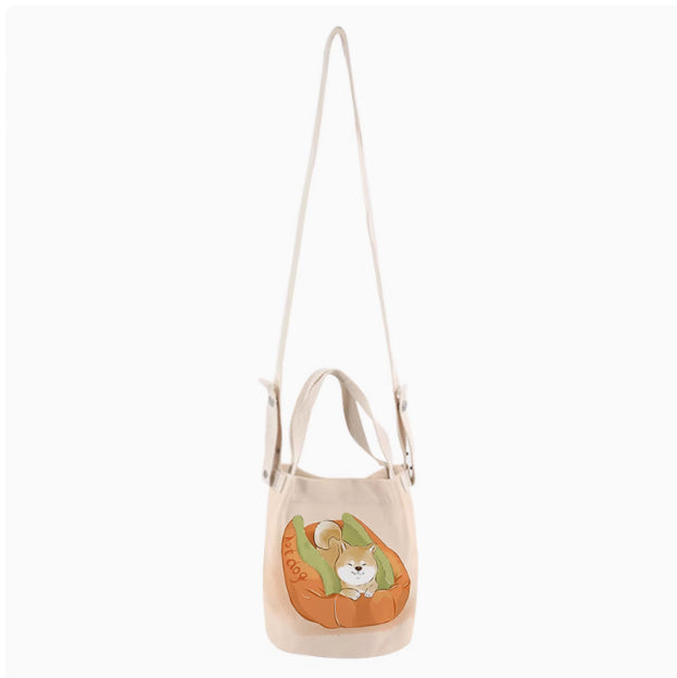 Japanese Ink Painting Cute Shiba Inu Canvas Small Bucket Bag