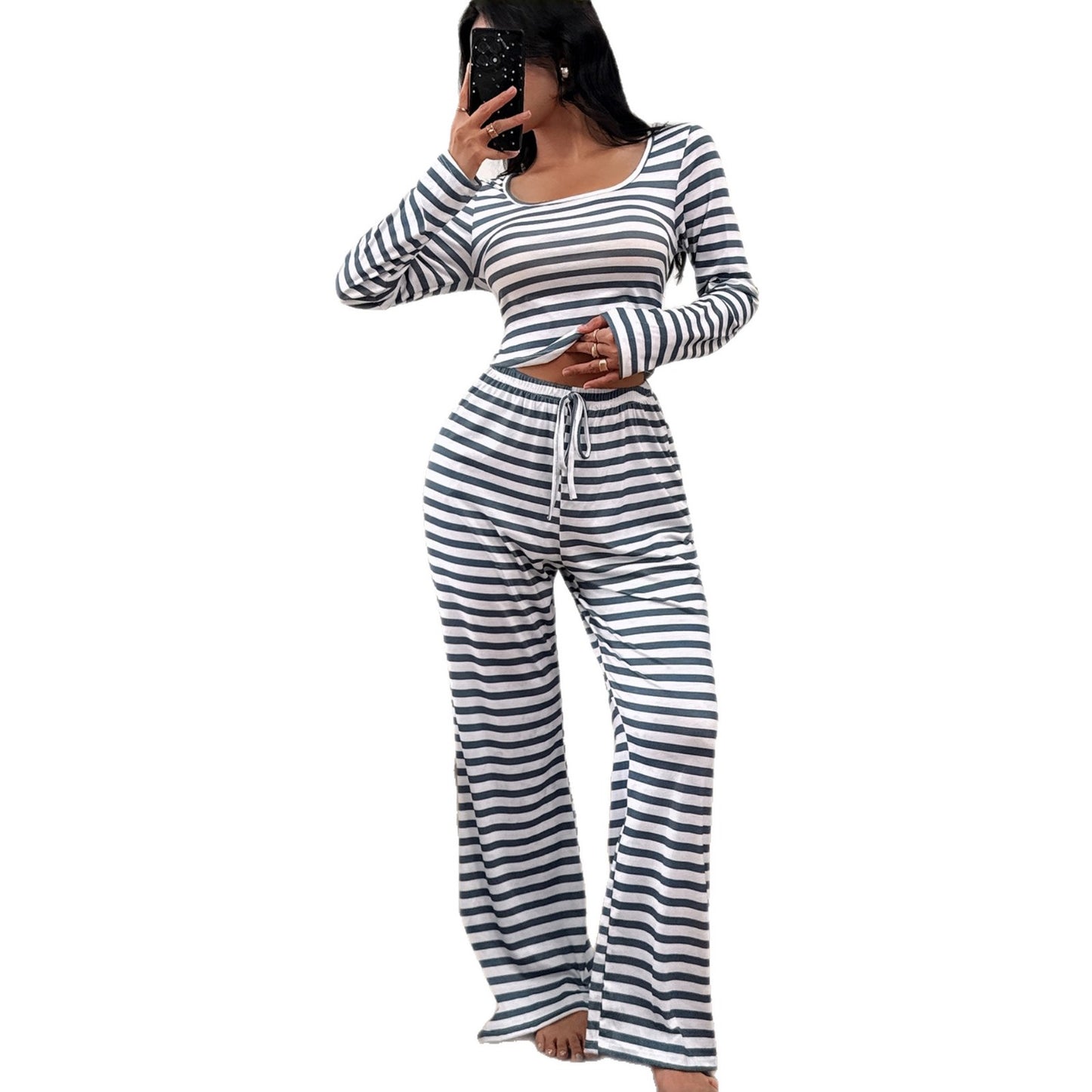 Womens Fashionable Stripe-Print Casual Slimming Long-Sleeve Pajama Set With Square Neckline And Pants