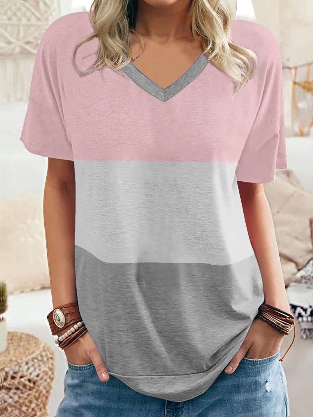 Women's Color Matching V-neck Casual Loose Short Sleeves
