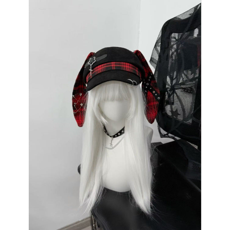 Original Punk Beret With A Subcultural Fashionable Checkered Rabbit-ear Design