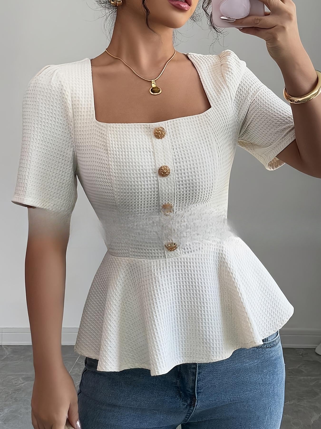 Youthful Chic Square-neck Top With Puff Sleeves Ruffled Hem And A High Waist
