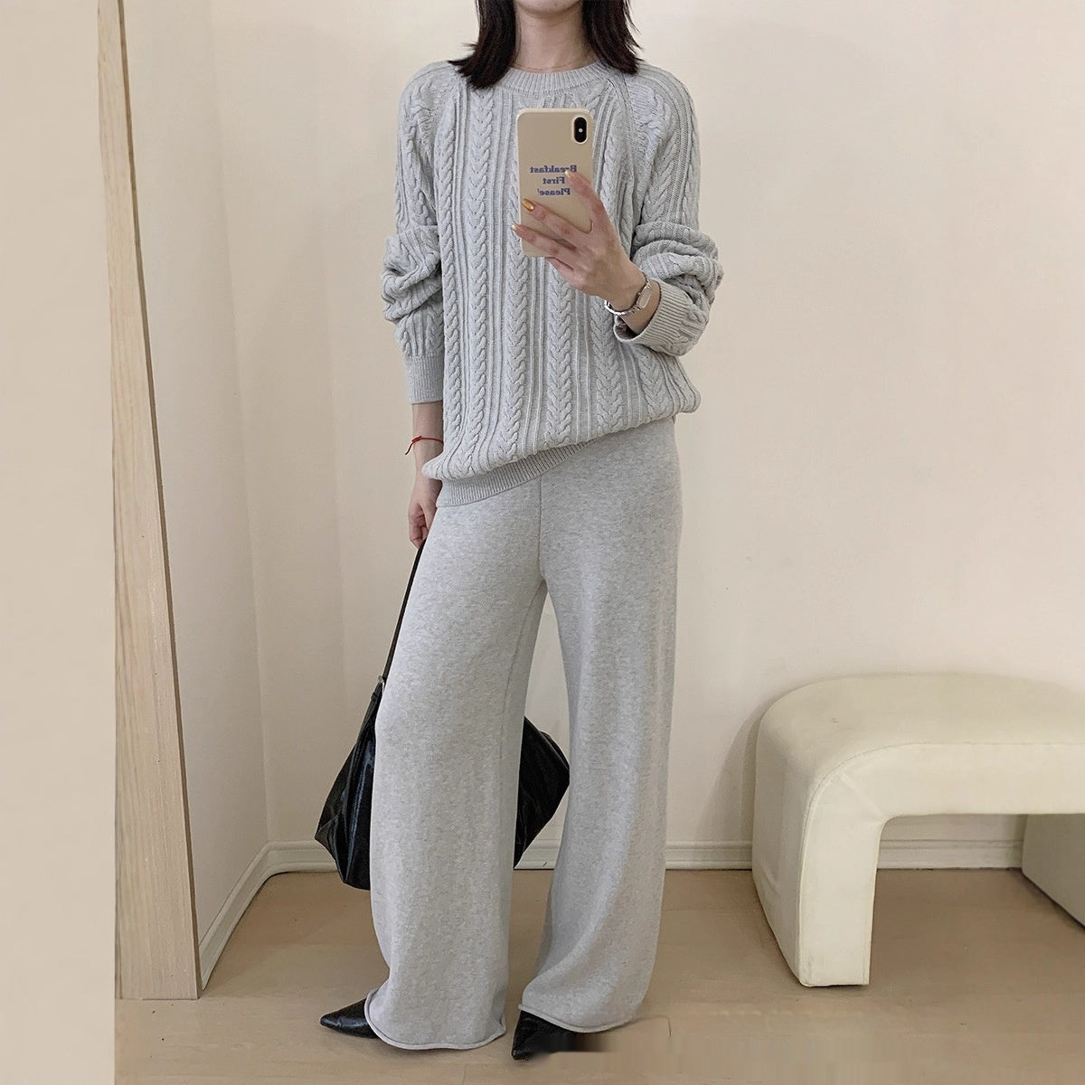 Round Neck Knitted Long Sleeve Vertical Stripe Twist Loose All-matching Top Soft Trousers
