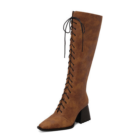 European And American Autumn And Winter Thick Heel Boots Cross Lace Loop