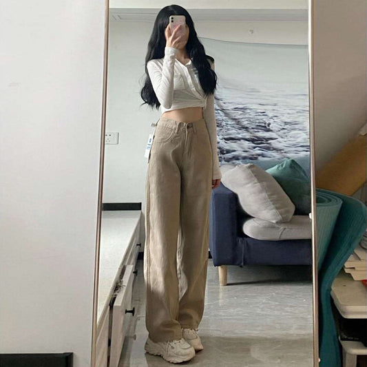 Højtaljede vide ben-jeans, retro løse lige gulvlange bukser