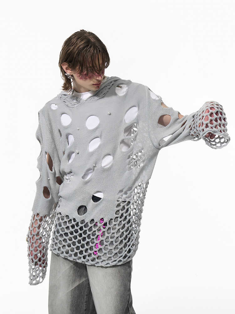 Hollow Hooded Sweater Men's Spring Pearl Decorative Black Hoodie