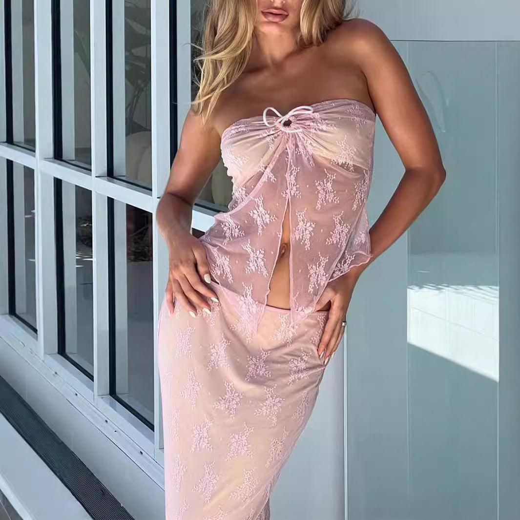 Womens Sexy Hollowed-Out Lace Top And Long Skirt Set