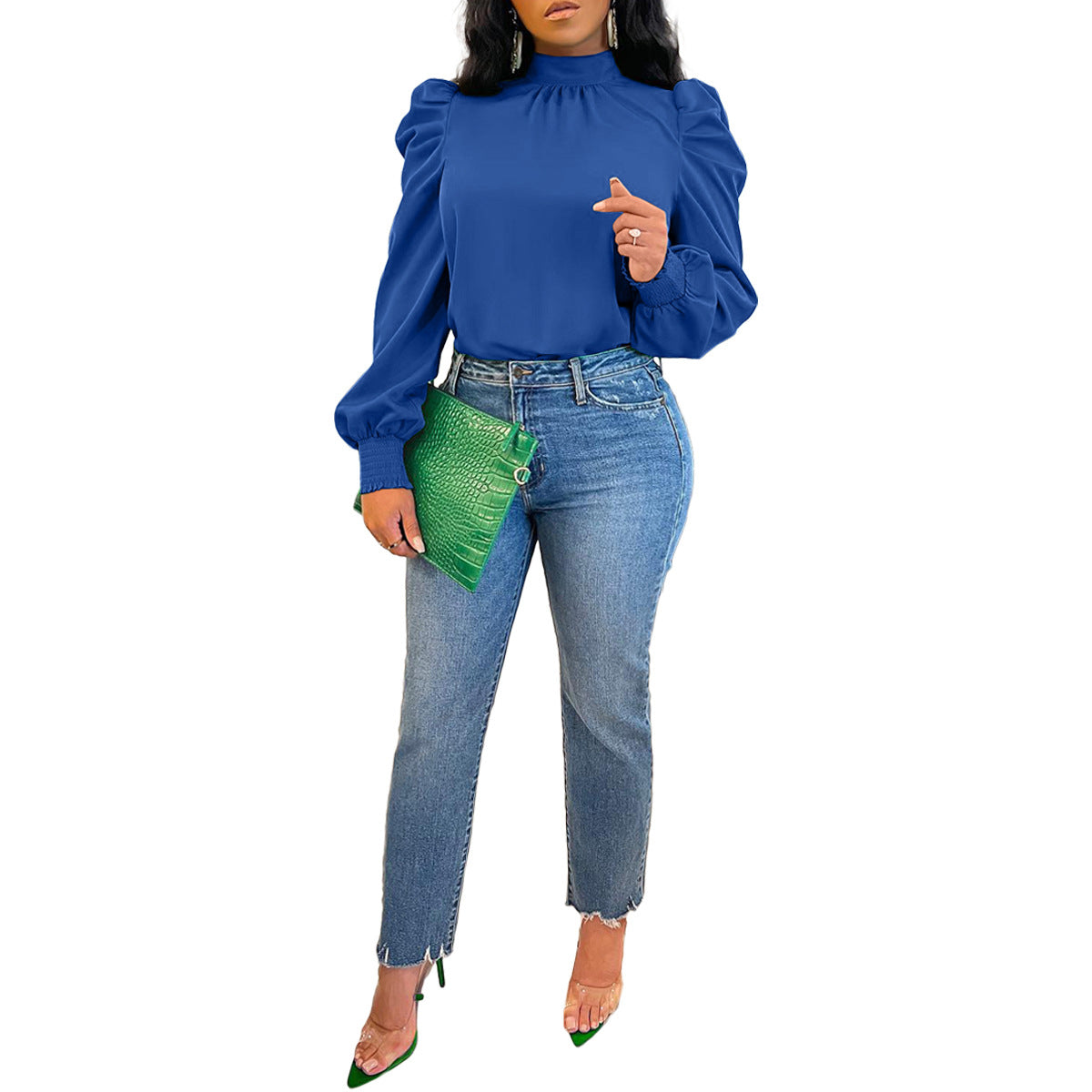 Stand Collar Puff Sleeve Back Lace-up Top