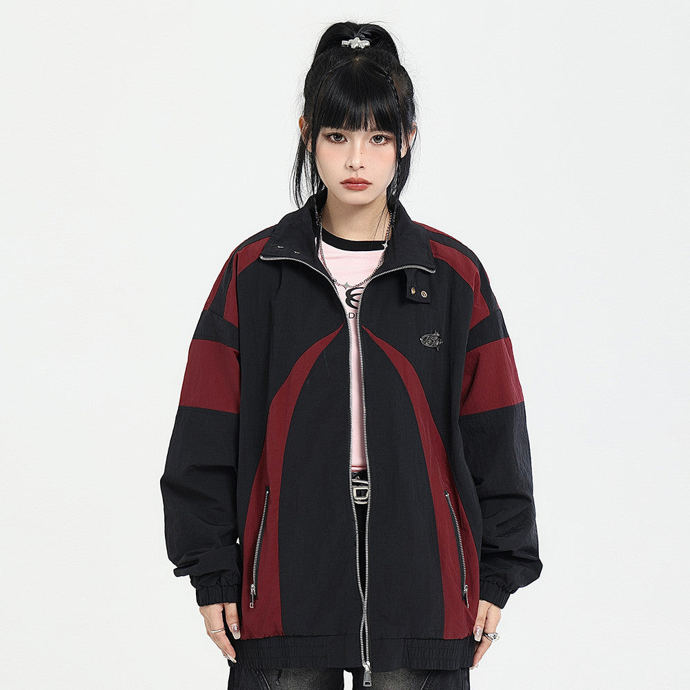 American Fashion Brand Color Contrast Patchwork Racing Suit Stand Collar Jacket