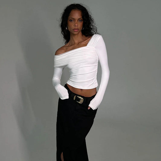 T-shirt Sexet Langærmet Off-shoulder Slim-fit Flatterende Elegant Top Til Kvinder