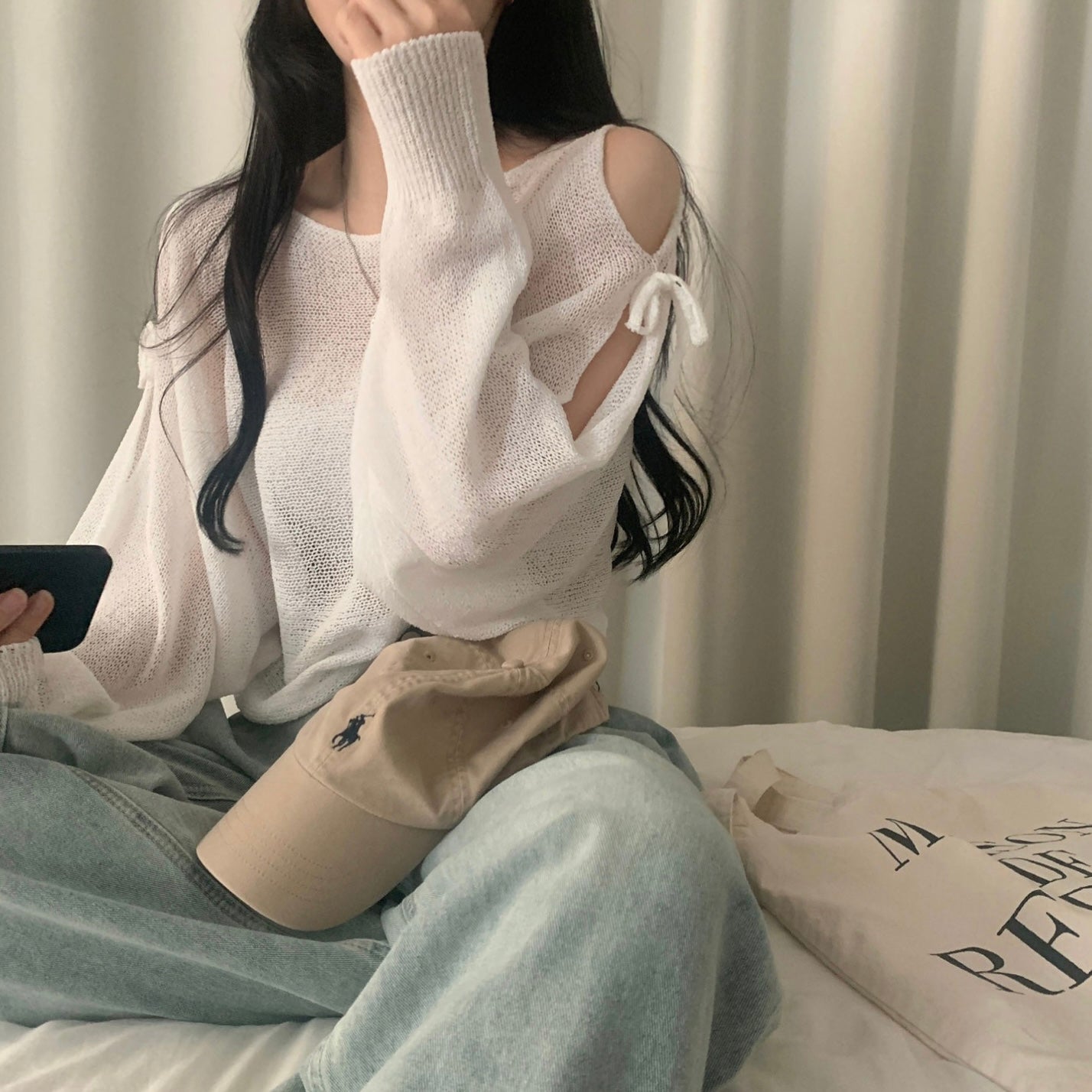 Lace-up Cutout Off-shoulder Loose Sun Protection Sweater Top