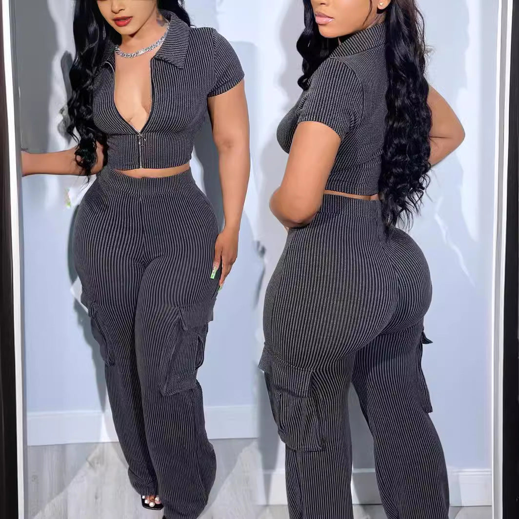 Zip-up Top With Multiple Pockets And Long Pants Casual Solid-color Two-piece Set