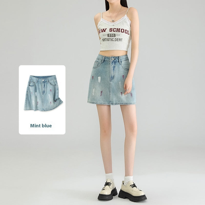 Rhinestone Lining Base Denim Skirt Graffiti Denim