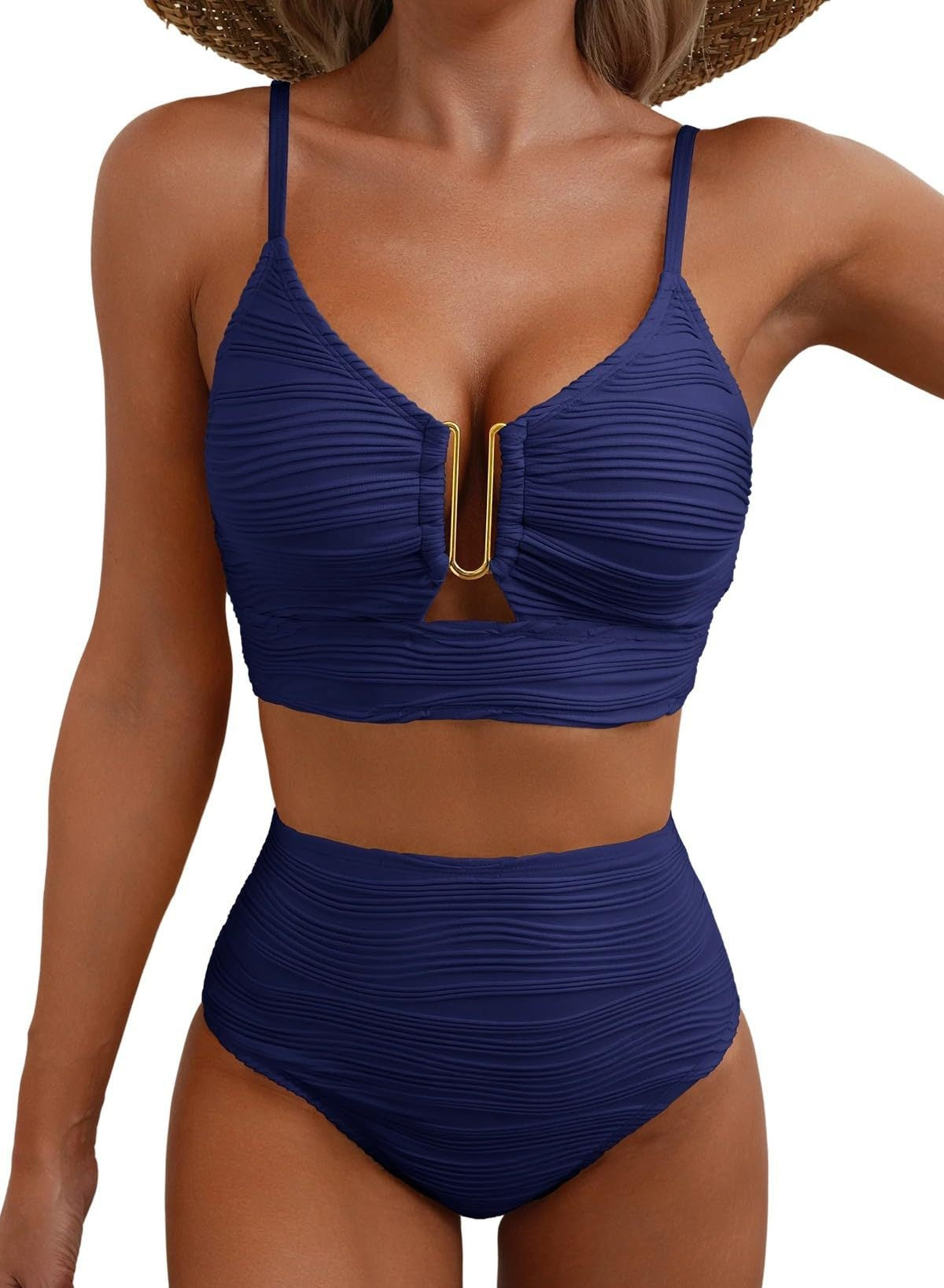 New V-neck Hollow-out Bikini With High-waisted Textured Ruffle Detailing