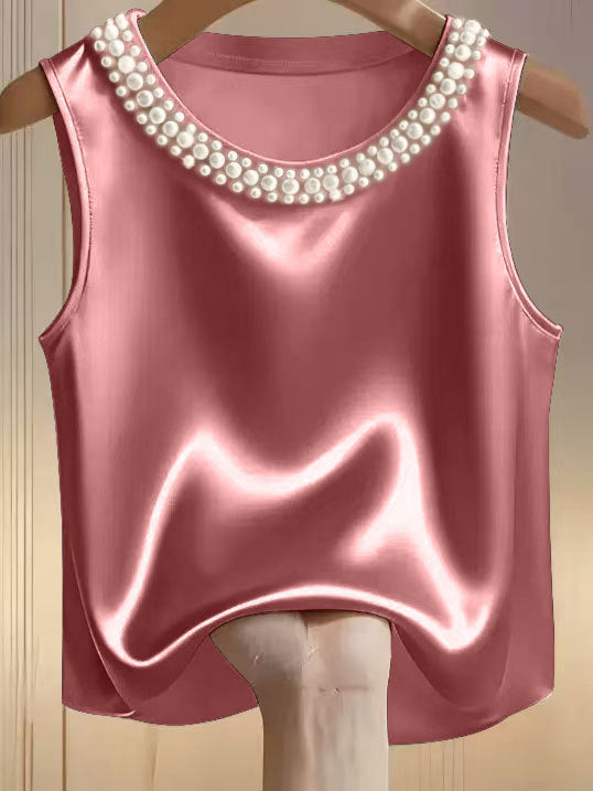 Dame Ensfarvet Rundhals Perleudsmykket Tanktop T-shirt
