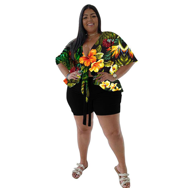 Women's Plus-Size Casual T-Shirt And Shorts Set With Print