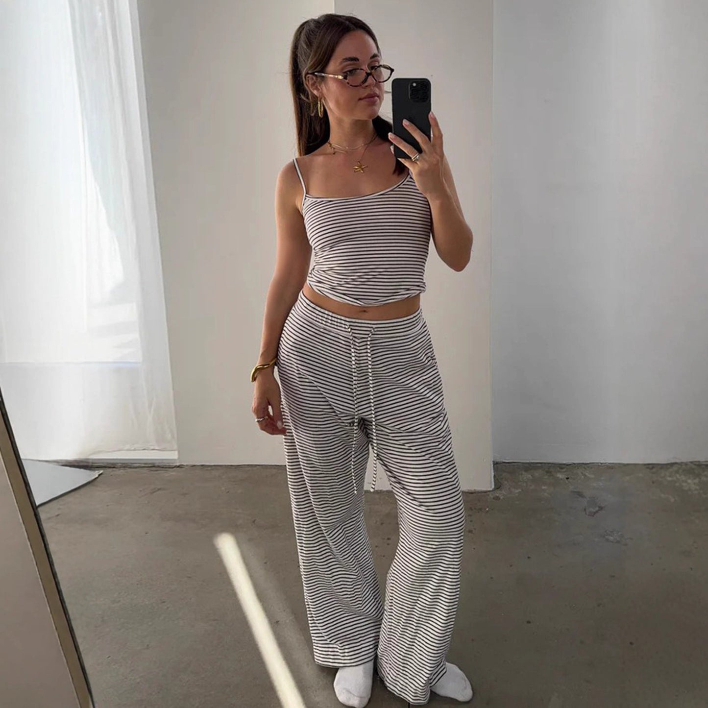 Striped Camisole Top And Elastic-waist Pants Loungewearpajama Two-piece Set