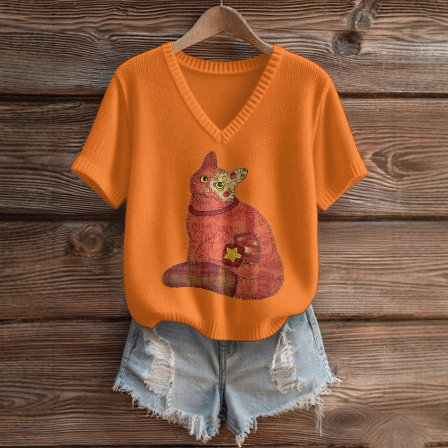 Imitation Sweaters Women's Clothing Short Sleeve V-neck Loose Top