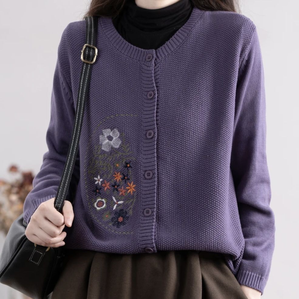 Chinese-style Corn-stitch Cotton Knit Cardigan Sweater For Women