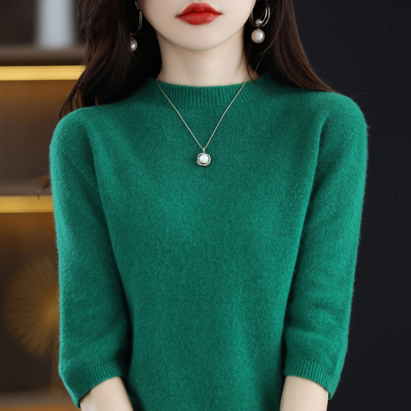 Pure Wool Women's Half Turtleneck Short Pullover Base Knitwear Three-quarter Sleeve Sweater