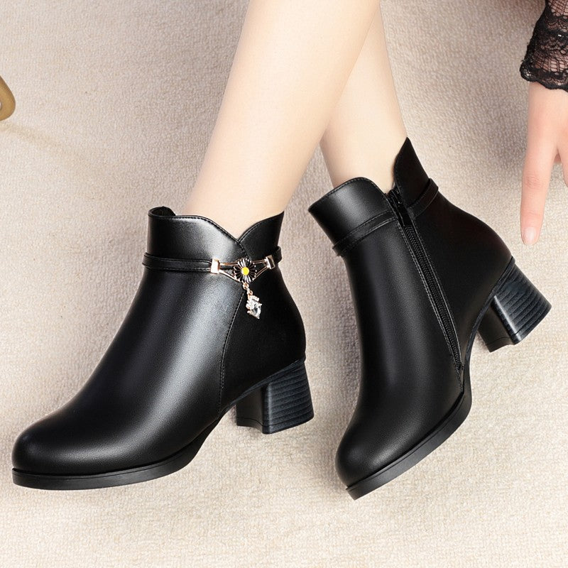 Autumn And Winter Plus Cashmere Leather Casual Short Tube Autumn And Winter Cotton Boots