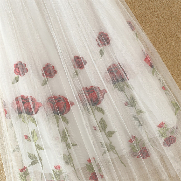 Embroidered Floral Pleated Mesh Skirt Mid Length